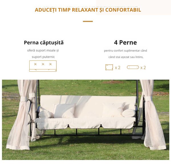 Foisor cu Canapea 3 Locuri și 5 perne, Plasa Tantari, cadru din otel, Bej 232x149x245cm Outsunny | Aosom Romania