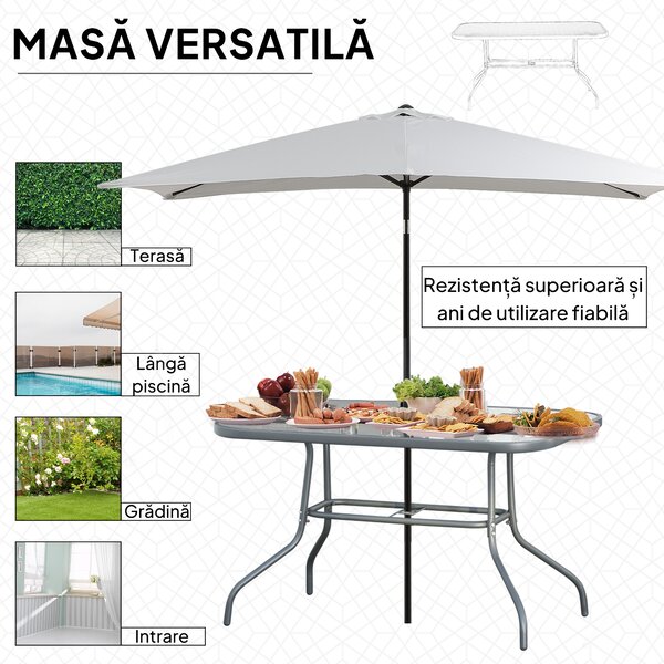Outsunny Masă Pliabilă pentru Grădină cu Gaură pentru Umbrelă, Mobilier Exterior din Metal și Sticlă, 120x80x70 cm | Aosom Romania
