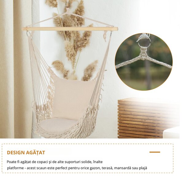 Outsunny Hamac Shabby Chic din Franghie pentru Interior și Exterior, Design Elegant, Alb, Perfect pentru Relaxare | Aosom Romania