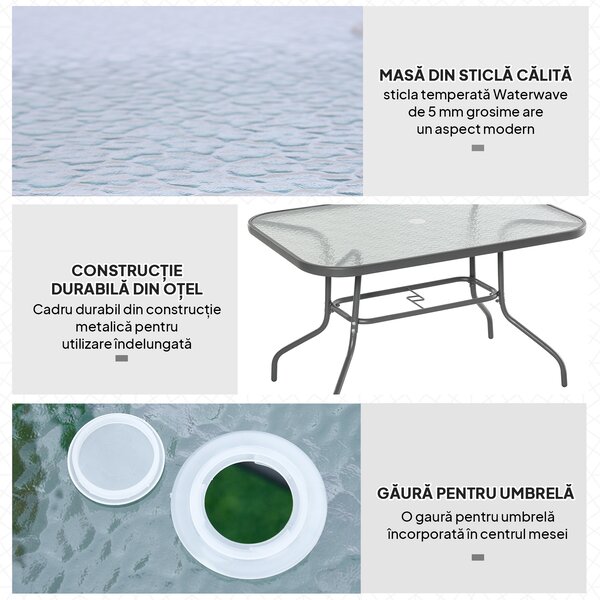 Outsunny Masă Pliabilă pentru Grădină cu Gaură pentru Umbrelă, Mobilier Exterior din Metal și Sticlă, 120x80x70 cm | Aosom Romania
