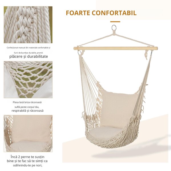 Outsunny Hamac Shabby Chic din Franghie pentru Interior și Exterior, Design Elegant, Alb, Perfect pentru Relaxare | Aosom Romania