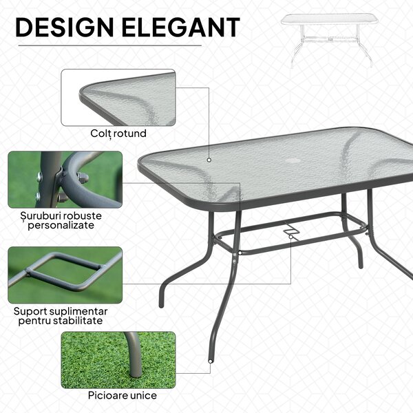 Outsunny Masă Pliabilă pentru Grădină cu Gaură pentru Umbrelă, Mobilier Exterior din Metal și Sticlă, 120x80x70 cm | Aosom Romania