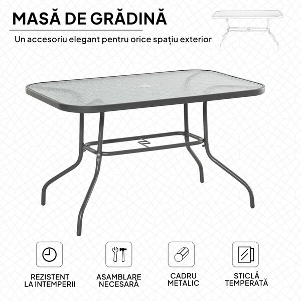 Outsunny Masă Pliabilă pentru Grădină cu Gaură pentru Umbrelă, Mobilier Exterior din Metal și Sticlă, 120x80x70 cm | Aosom Romania