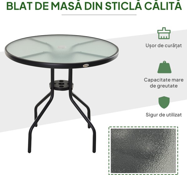 Outsunny Măsuță de Exterior din Oțel cu Sticlă Securizată, Ideală pentru Grădină și Terasă, Ф80x72cm | Aosom Romania