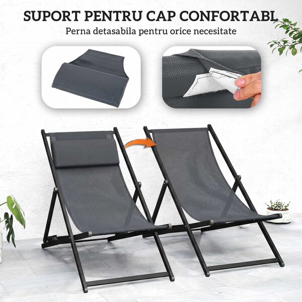 Outsunny Set 2 Scaune Fotoliu Sezlong pentru Exterior, Pliabile si Rabatabile, din Aluminiu, Gri, 96.5 x 58 x 91.5cm | Aosom Romania