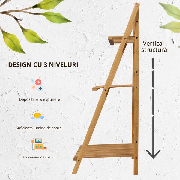 Outsunny Jardinieră Exterior Bambus 3 Nivele Design Înălțat Pliabil Culoarea Lemnului 98x37x96.5 cm | Aosom Romania
