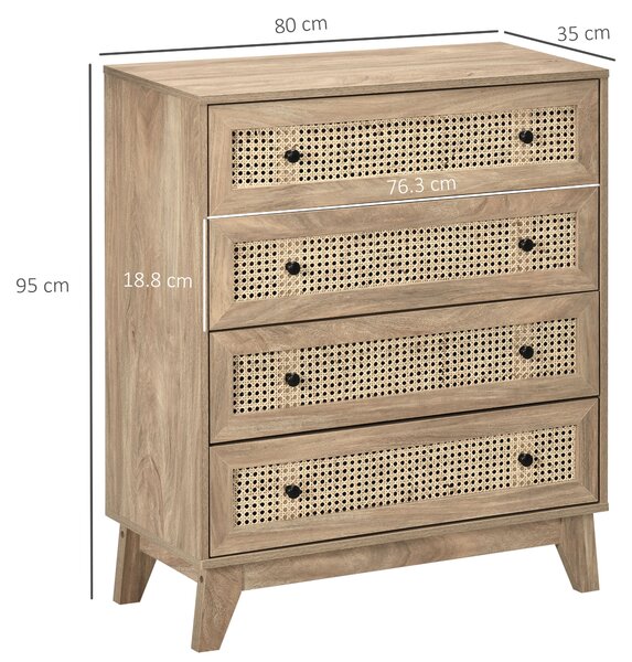 HOMCOM Comodă cu 4 Sertare Stil Boho din Ratan 80x35x95 cm Lemn Natural | Aosom Romania