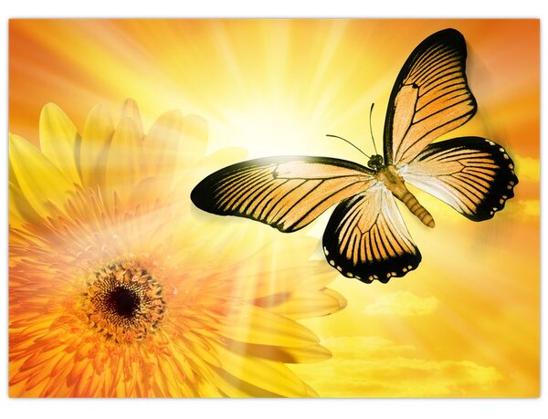 Tablou - Fluture galben cu flori (70x50 cm)