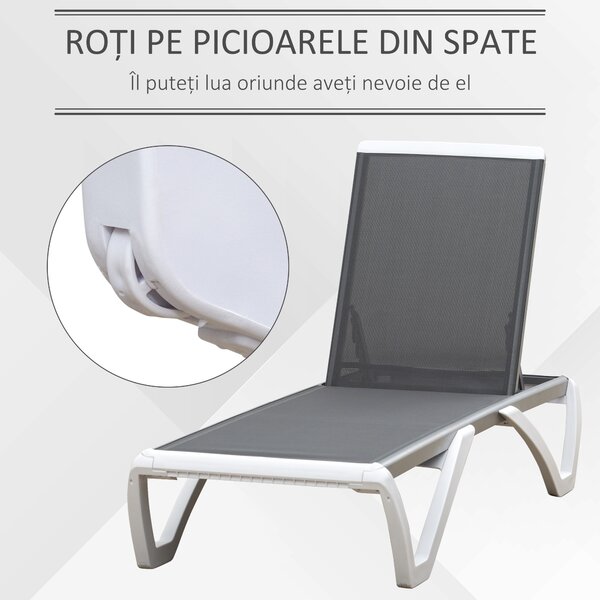 Outsunny Sezlong de Grădină cu Spătar Reglabil pe 5 Niveluri și Roți, Aluminiu și Textilena, Gri și Alb, 195x67.5x33 cm | Aosom Romania