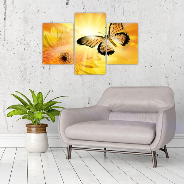 Tablou - Fluture galben cu flori (90x60 cm)