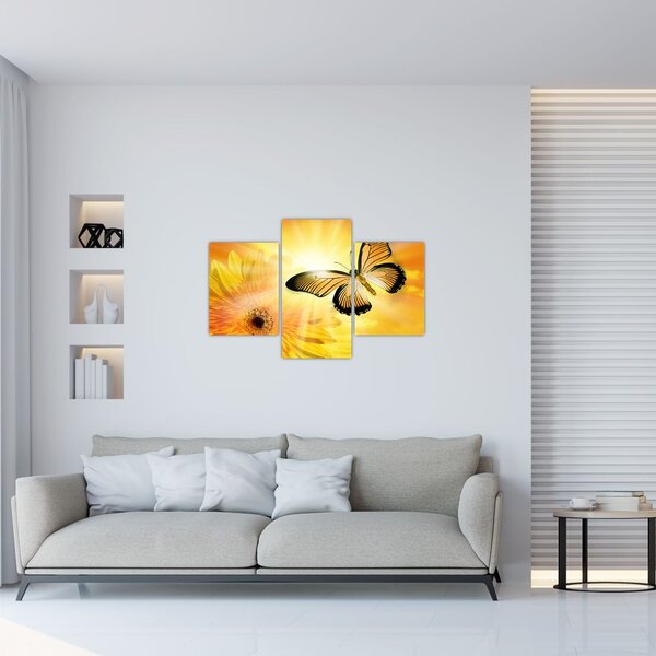 Tablou - Fluture galben cu flori (90x60 cm)