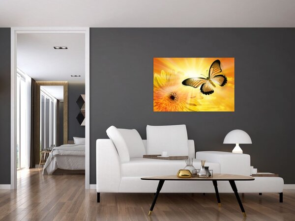 Tablou - Fluture galben cu flori (90x60 cm)