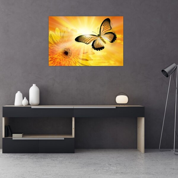 Tablou - Fluture galben cu flori (90x60 cm)