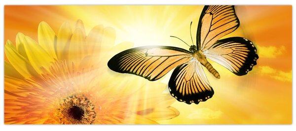 Tablou - Fluture galben cu flori (120x50 cm)