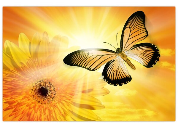 Tablou - Fluture galben cu flori (90x60 cm)