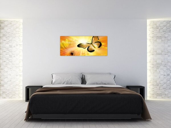 Tablou - Fluture galben cu flori (120x50 cm)