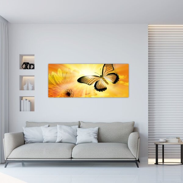 Tablou - Fluture galben cu flori (120x50 cm)
