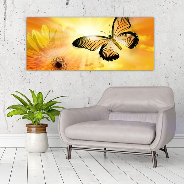 Tablou - Fluture galben cu flori (120x50 cm)
