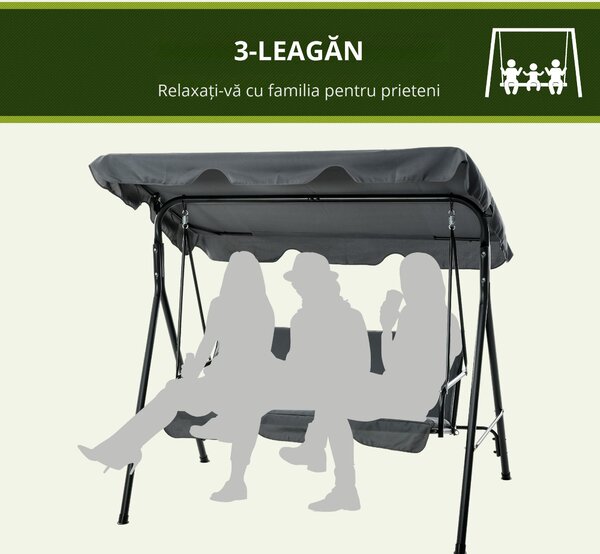 Outsunny Leagăn de Grădină cu 3 Locuri cu Copertină și Cadru din Oțel și Poliester, 172x110x153 cm, Gri