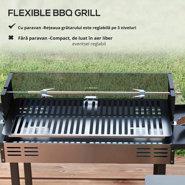 Outsunny BBQ Rotisserie Grill Charcoal Split Roaster for Chicken Turkey 3-Level Grill Grate, Storage Shelves, Stainless Steel | Aosom Romania