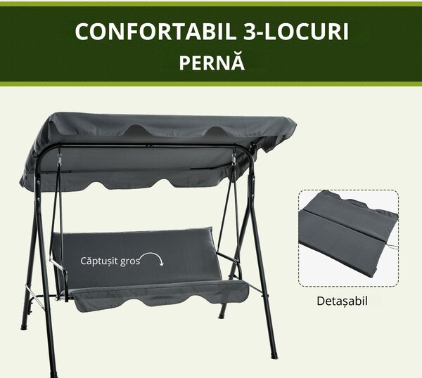 Outsunny Leagăn de Grădină cu 3 Locuri cu Copertină și Cadru din Oțel și Poliester, 172x110x153 cm, Gri