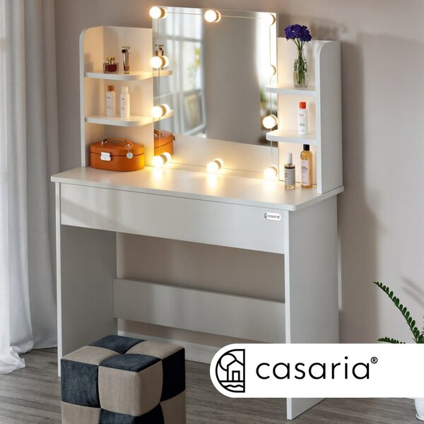 Masă de toaletă Lucia cu iluminare LED, oglindă, sertar și rafturi 140 x 110 x 40 cm