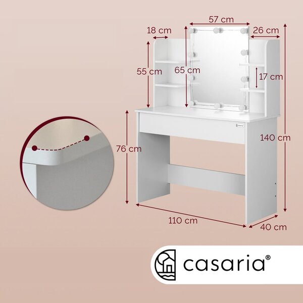 Masă de toaletă Lucia cu iluminare LED, oglindă, sertar și rafturi 140 x 110 x 40 cm