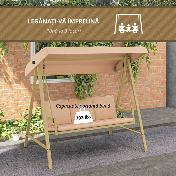 Outsunny Scaun Balansoar de Grădină cu 3 Locuri, Bancă cu Copertină Reglabilă, Perne Detașabile și Cadru din Oțel, 200x125x175 cm, Bej | Aosom Romania
