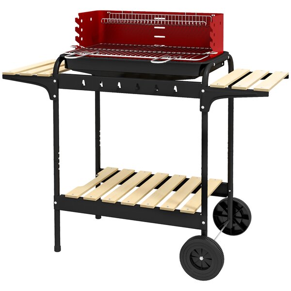 Outsunny Grătar cu Cărbuni, Roți si Grilaj cu Înălțime Reglabilă, 3 Rafturi și Tavă pentru Cenușă, 103x47x95 cm, Roșu | Aosom Romania