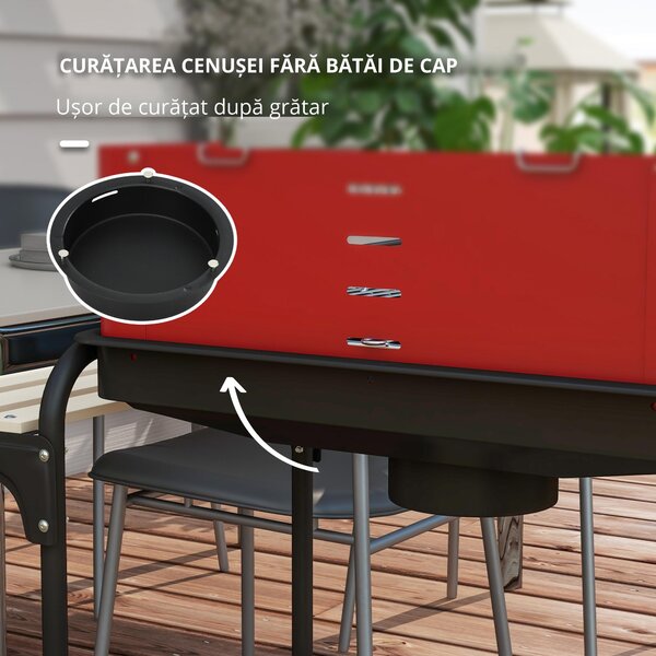 Outsunny Grătar cu Cărbuni, Roți si Grilaj cu Înălțime Reglabilă, 3 Rafturi și Tavă pentru Cenușă, 103x47x95 cm, Roșu | Aosom Romania