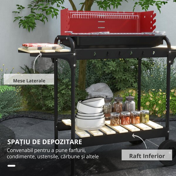 Outsunny Grătar cu Cărbuni, Roți si Grilaj cu Înălțime Reglabilă, 3 Rafturi și Tavă pentru Cenușă, 103x47x95 cm, Roșu | Aosom Romania