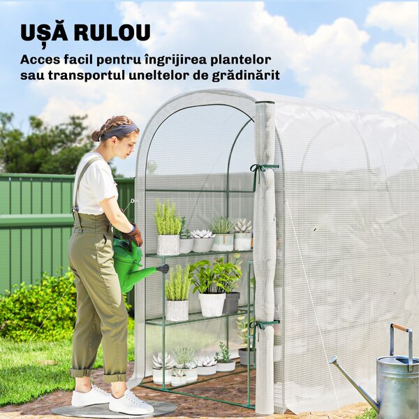 Outsunny Seră de Grădină cu Rafturi și Ușă Rulabilă, Seră pentru Grădină cu Cadru din Oțel, Acoperiș din PE Anti-UV, pentru Legume, Flori și Plante, 123x187x189 cm, Alb | Aosom Romania