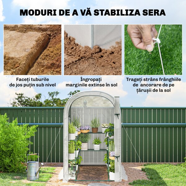 Outsunny Seră de Grădină cu Rafturi și Ușă Rulabilă, Seră pentru Grădină cu Cadru din Oțel, Acoperiș din PE Anti-UV, pentru Legume, Flori și Plante, 123x187x189 cm, Alb | Aosom Romania