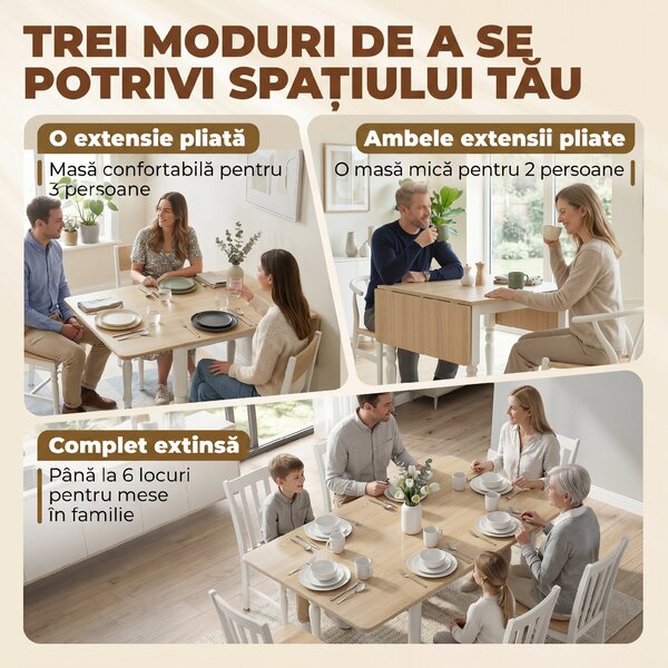HOMCOM Masă Pliabilă pentru 2-6 Persoane, Extensibilă, Efect de Lemn, Finisaj Natural | Aosom Romania