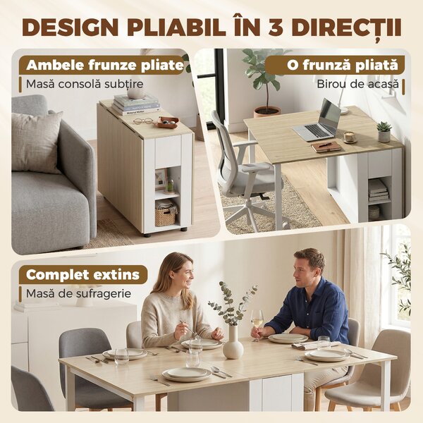 HOMCOM Masă Pliabilă pentru 6 Persoane cu 2 Sertare și 4 Rafturi | Aosom Romania