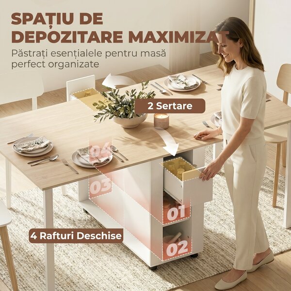 HOMCOM Masă Pliabilă pentru 6 Persoane cu 2 Sertare și 4 Rafturi | Aosom Romania