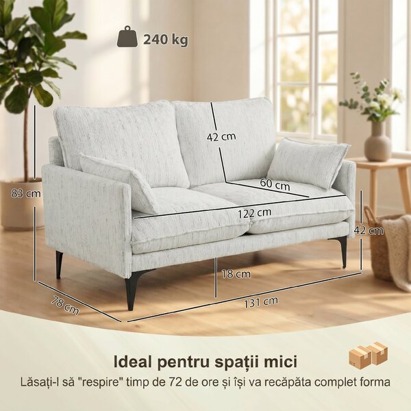HOMCOM Canapea 2 Locuri cu Brațe, Perne Groase și 2 Perne, 131x78x83 cm, Alb | Aosom Romania