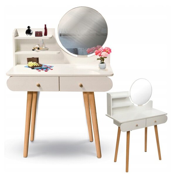 Masă de toaletă scandinavă albă cu oglindă 80x40x120 cm - 2 sertare