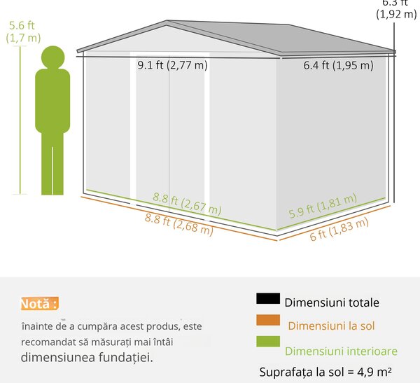 Outsunny Magazie Spațioasă pentru Grădină cu Uși Glisante și Ventilație, Structură din Oțel Durabil, 277x195x192 cm, Verde | Aosom Romania