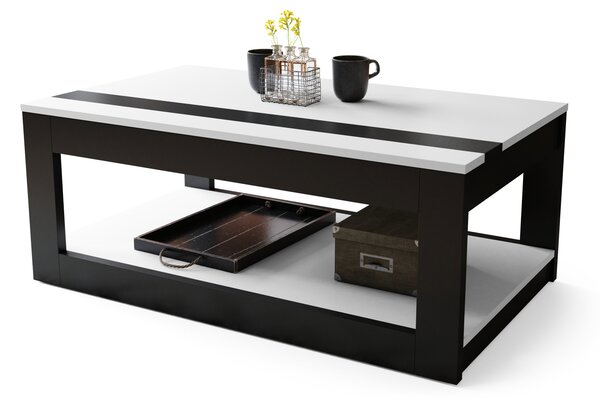 Mazzoni LUSSO Alb Mat/Negru Mat - MĂSUȚĂ MODERNĂ CU BLAT RIDICAT + COMPARTIMENT + RAFT (PE ROȚI!)