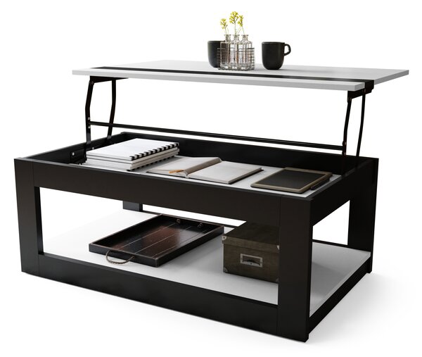Mazzoni LUSSO Alb Mat/Negru Mat - MĂSUȚĂ MODERNĂ CU BLAT RIDICAT + COMPARTIMENT + RAFT (PE ROȚI!)