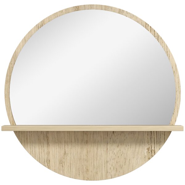 Kleankin Oglindă de Baie Rotundă din PAL și Sticlă cu Raft pentru Depozitare și 2 Cârlige pentru Fixare, Ø45x10 cm, Lemn Natural | Aosom Romania