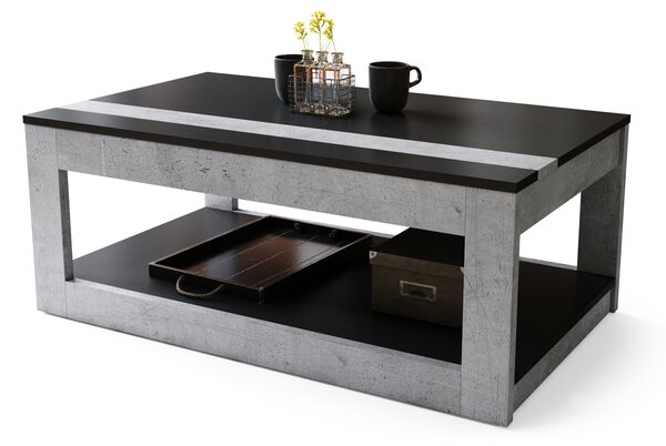 Mazzoni LUSSO Negru Mat/Beton Millenium - MĂSUȚĂ MODERNĂ CU BLAT RIDICAT + COMPARTIMENT + RAFT (PE ROȚI!)