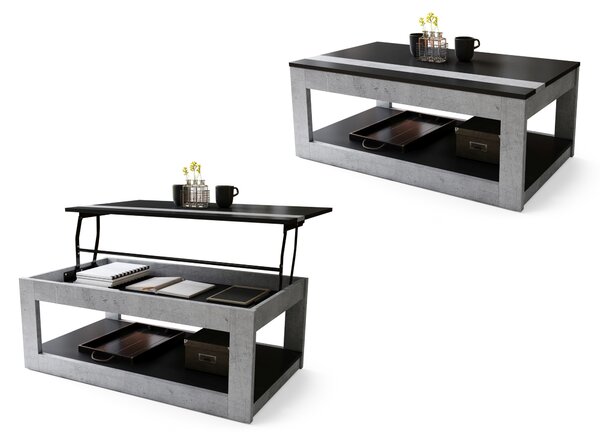 Mazzoni LUSSO Negru Mat/Beton Millenium - MĂSUȚĂ MODERNĂ CU BLAT RIDICAT + COMPARTIMENT + RAFT (PE ROȚI!)