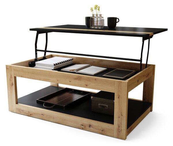 Mazzoni LUSSO Negru Mat/Stejar Artisan - MĂSUȚĂ MODERNĂ CU BLAT RIDICAT + COMPARTIMENT + RAFT (PE ROȚI!)