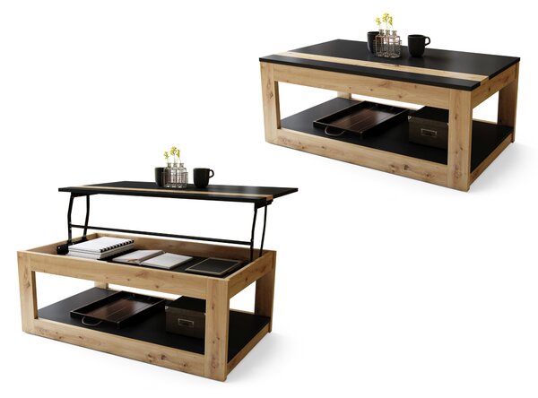Mazzoni LUSSO Negru Mat/Stejar Artisan - MĂSUȚĂ MODERNĂ CU BLAT RIDICAT + COMPARTIMENT + RAFT (PE ROȚI!)