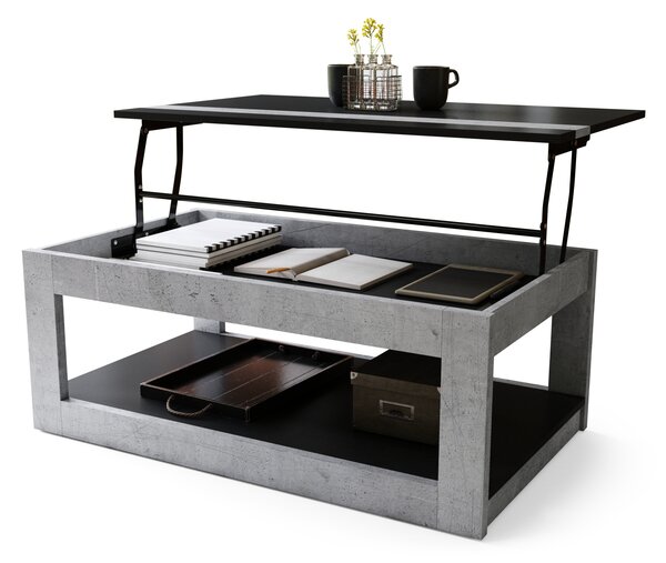 Mazzoni LUSSO Negru Mat/Beton Millenium - MĂSUȚĂ MODERNĂ CU BLAT RIDICAT + COMPARTIMENT + RAFT (PE ROȚI!)