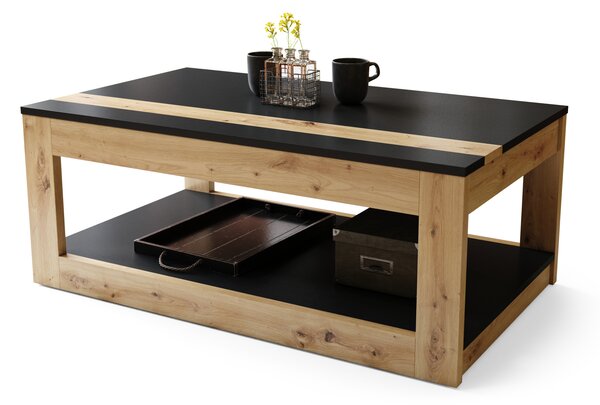 Mazzoni LUSSO Negru Mat/Stejar Artisan - MĂSUȚĂ MODERNĂ CU BLAT RIDICAT + COMPARTIMENT + RAFT (PE ROȚI!)