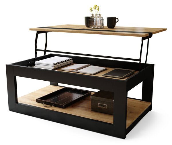 Mazzoni LUSSO Stejar Artisan/Negru Mat - MĂSUȚĂ MODERNĂ CU BLAT RIDICAT + COMPARTIMENT + RAFT (PE ROȚI!)