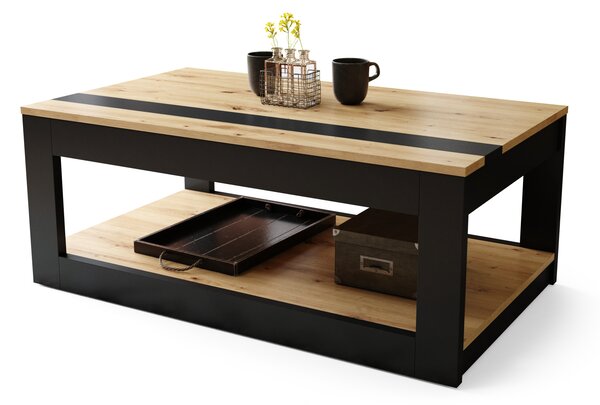 Mazzoni LUSSO Stejar Artisan/Negru Mat - MĂSUȚĂ MODERNĂ CU BLAT RIDICAT + COMPARTIMENT + RAFT (PE ROȚI!)